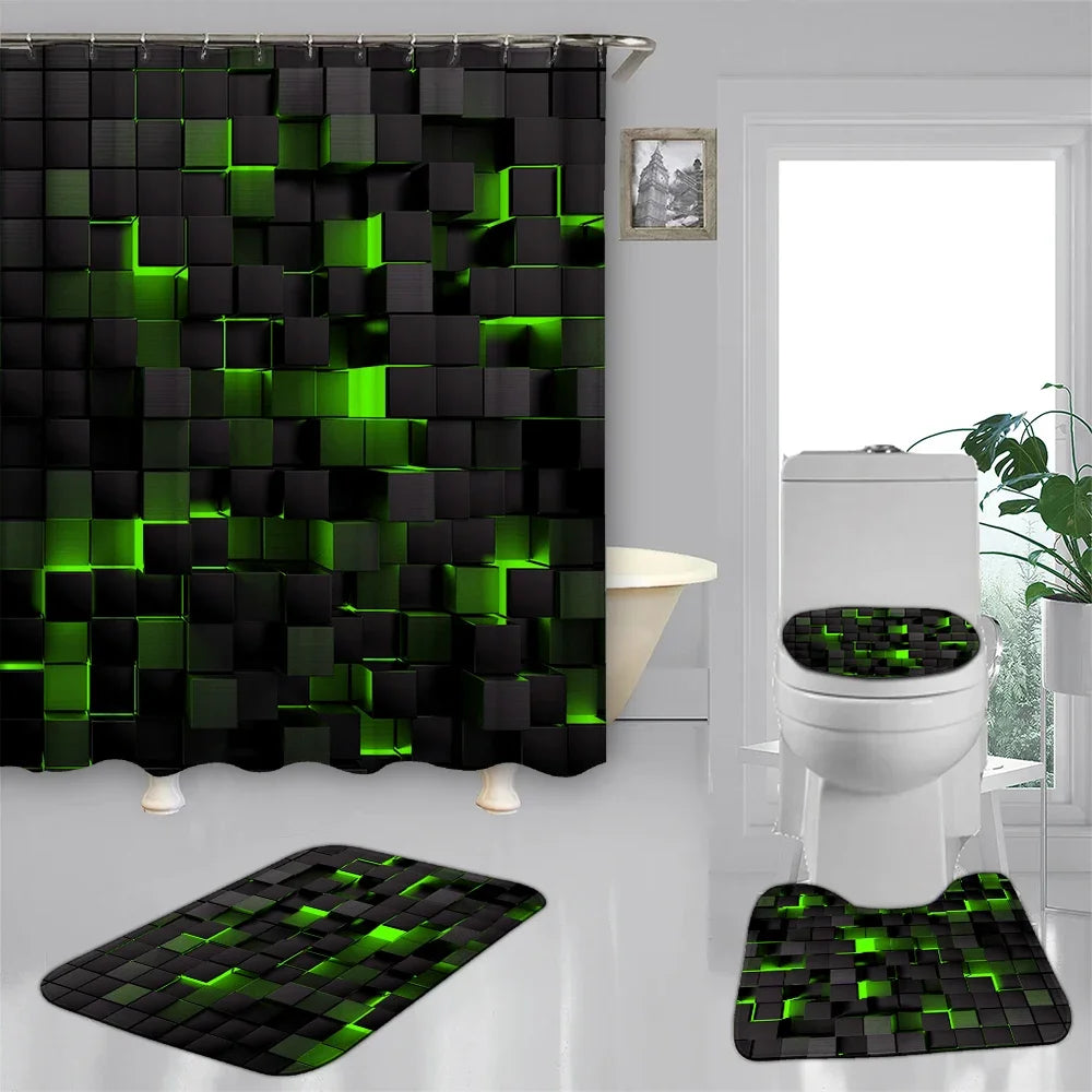 4-piece set of technological blue and black checkered printed waterproof shower curtains with 12 hooks, bathroom floor mats