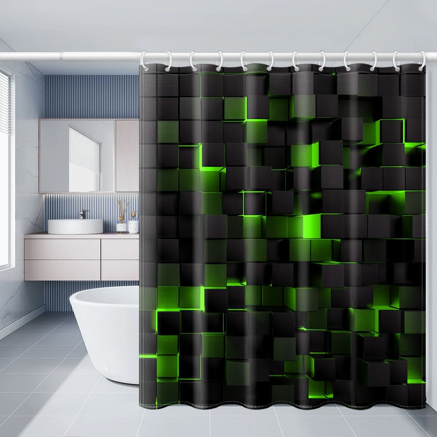 4-piece set of technological blue and black checkered printed waterproof shower curtains with 12 hooks, bathroom floor mats