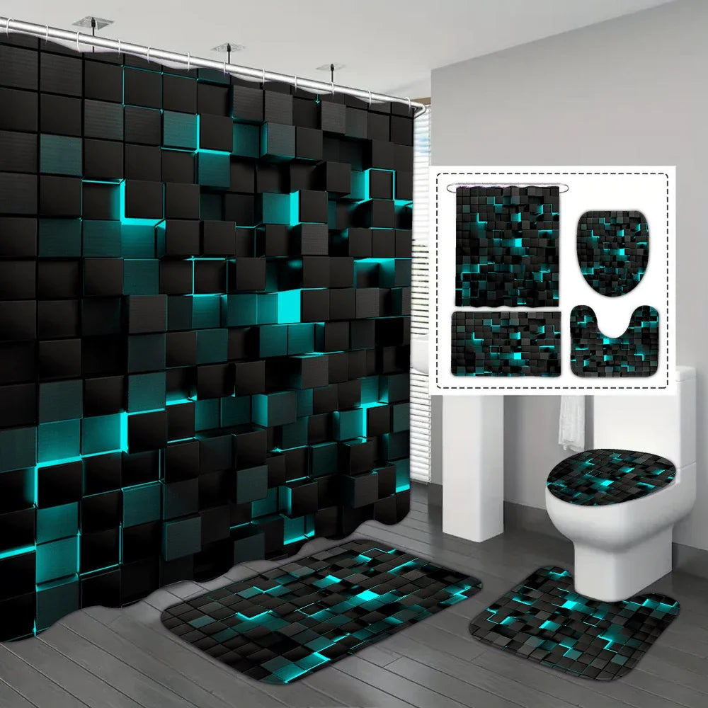 4-piece set of technological blue and black checkered printed waterproof shower curtains with 12 hooks, bathroom floor mats