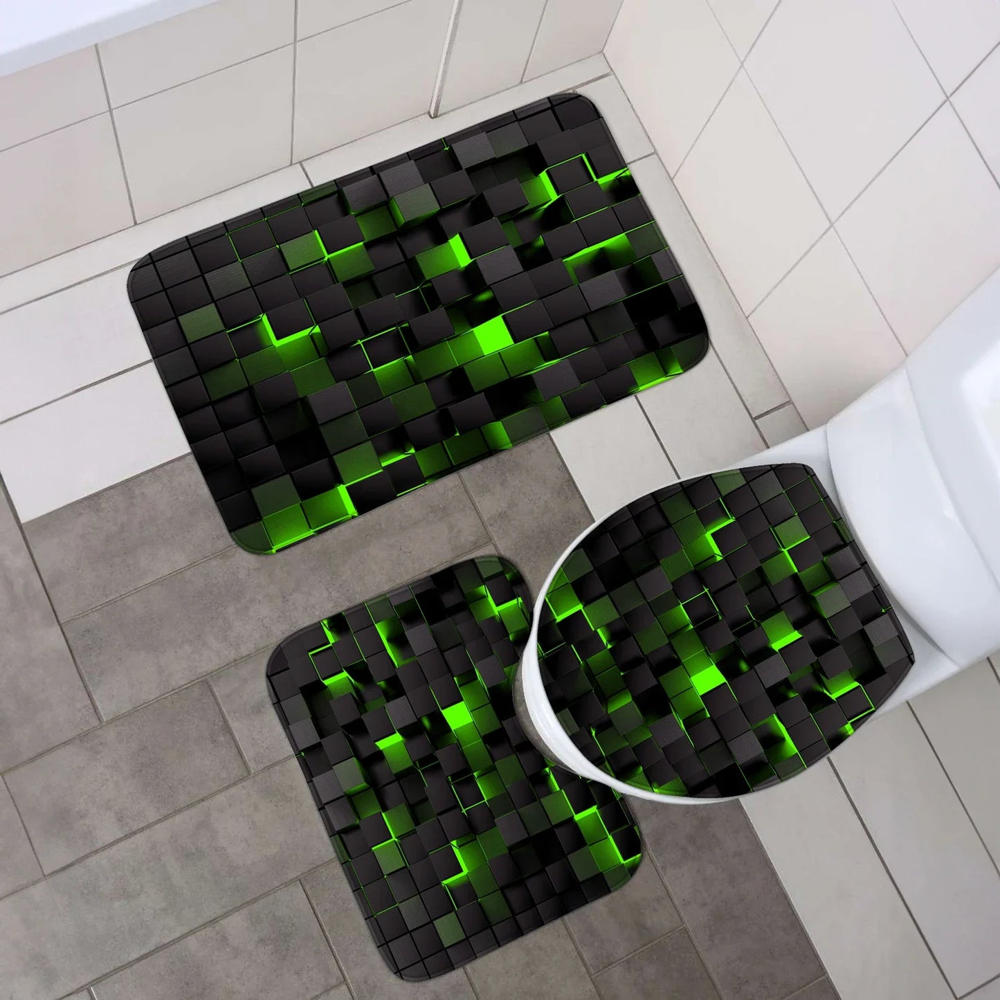 4-piece set of technological blue and black checkered printed waterproof shower curtains with 12 hooks, bathroom floor mats