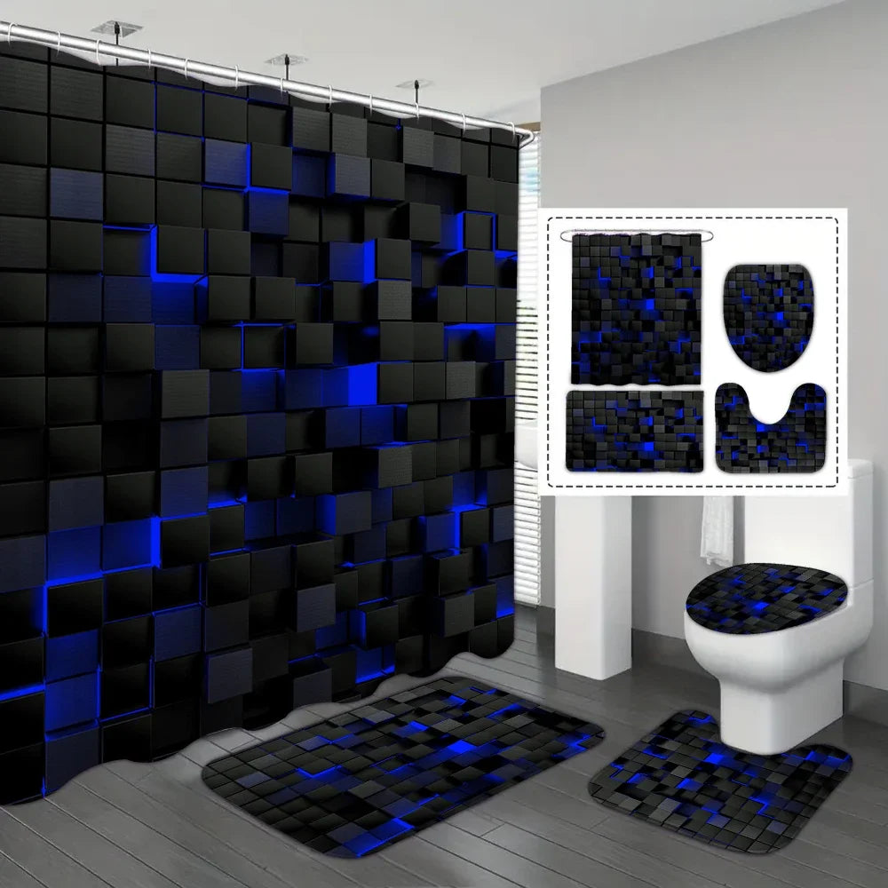 4-piece set of technological blue and black checkered printed waterproof shower curtains with 12 hooks, bathroom floor mats