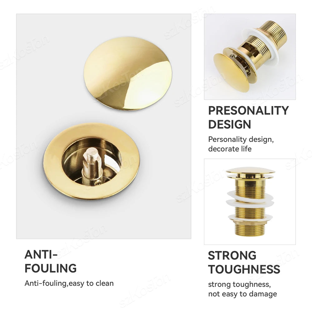 Gold Pop Up Drain Button Bathroom Sink Plug Drainer Siphon Waste Stopper Wash Basin Faucet Accessory Washbasin Pipe Black
